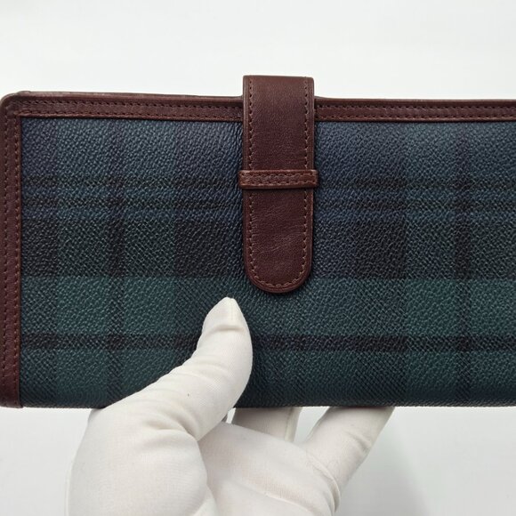 👛💚Polo Ralph Lauren Long Bifold Wallet Blackwatch Tartan Canvas Brown Leather - Picture 4 of 16
